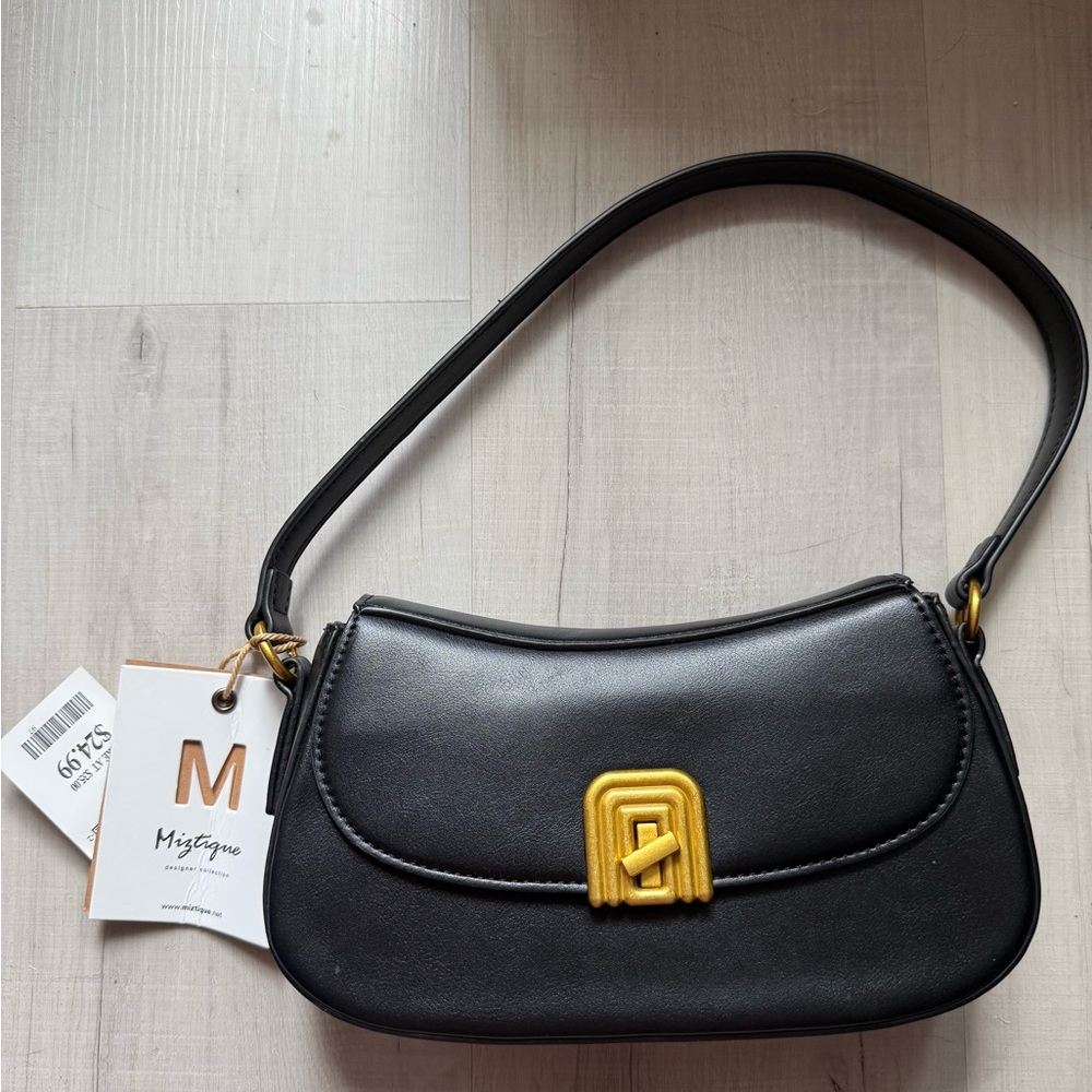 Mystique Boutique Black Shoulder Bag with Gold Accent Clasp